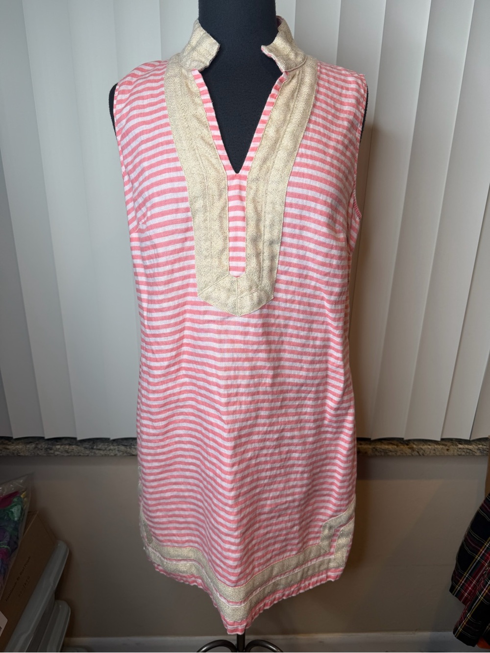 Sail to Sable Pink and White Striped Gold Trim Shift Preppy Dress Size Large